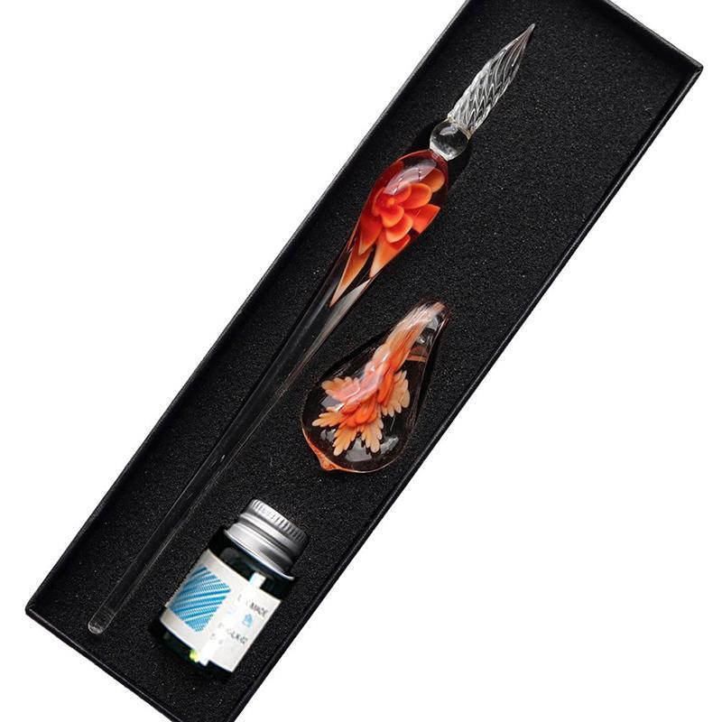 Crystal Flower Glass Dipping Dip Pen Writing Set Gift Pack Fountain Calligraphy - Orange 5