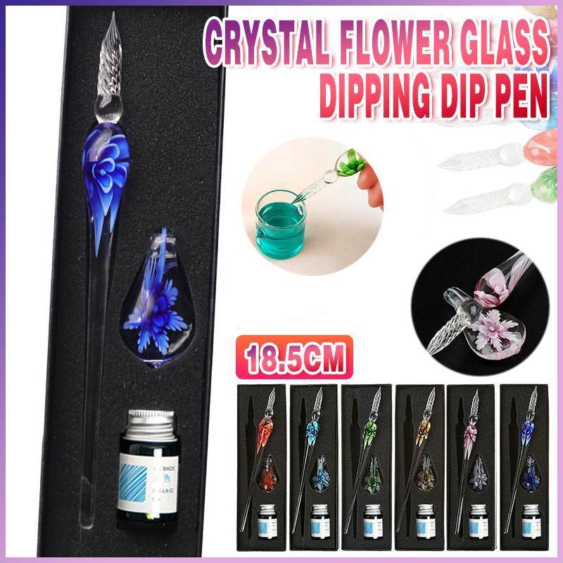 Crystal Flower Glass Dipping Dip Pen Writing Set Gift Pack Fountain Calligraphy - Sky Blue
