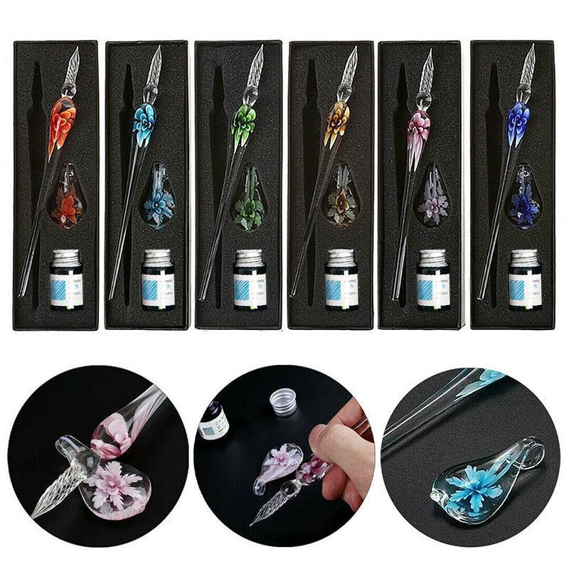 Crystal Flower Glass Dipping Dip Pen Writing Set Gift Pack Fountain Calligraphy - Sky Blue 4