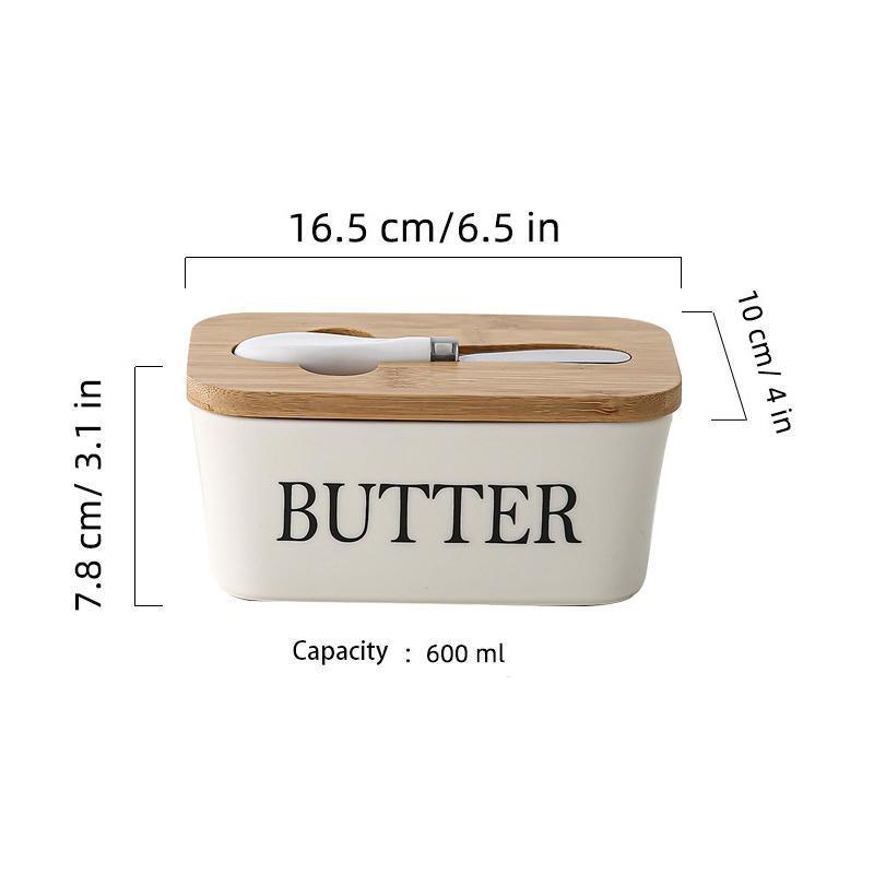 Ceramic Butter Dish Box Storage Tray Container W/ Bamboo Lid & Butter Cutter 3