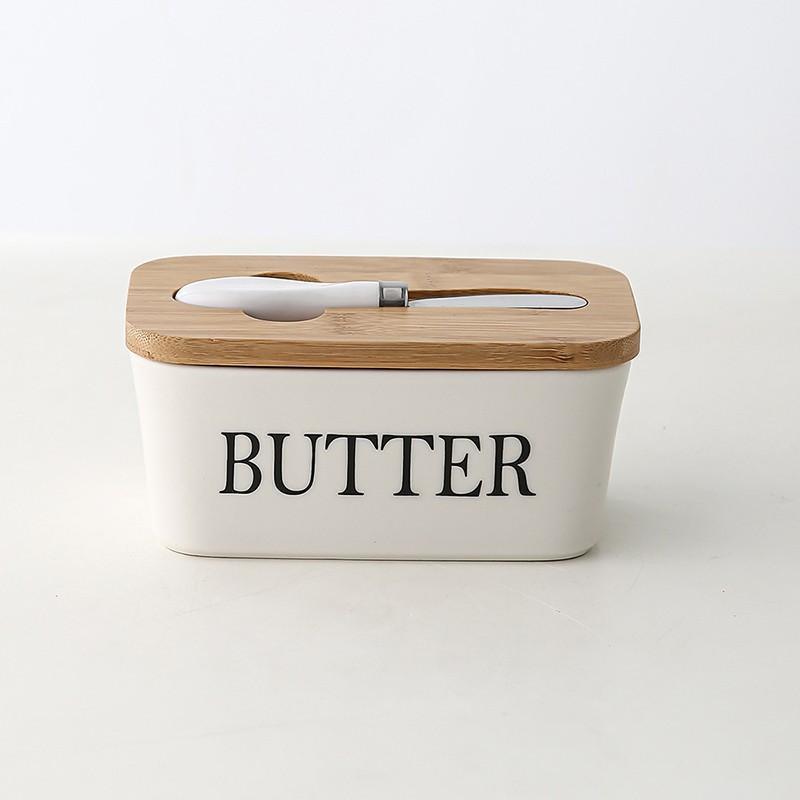 Ceramic Butter Dish Box Storage Tray Container W/ Bamboo Lid & Butter Cutter 4