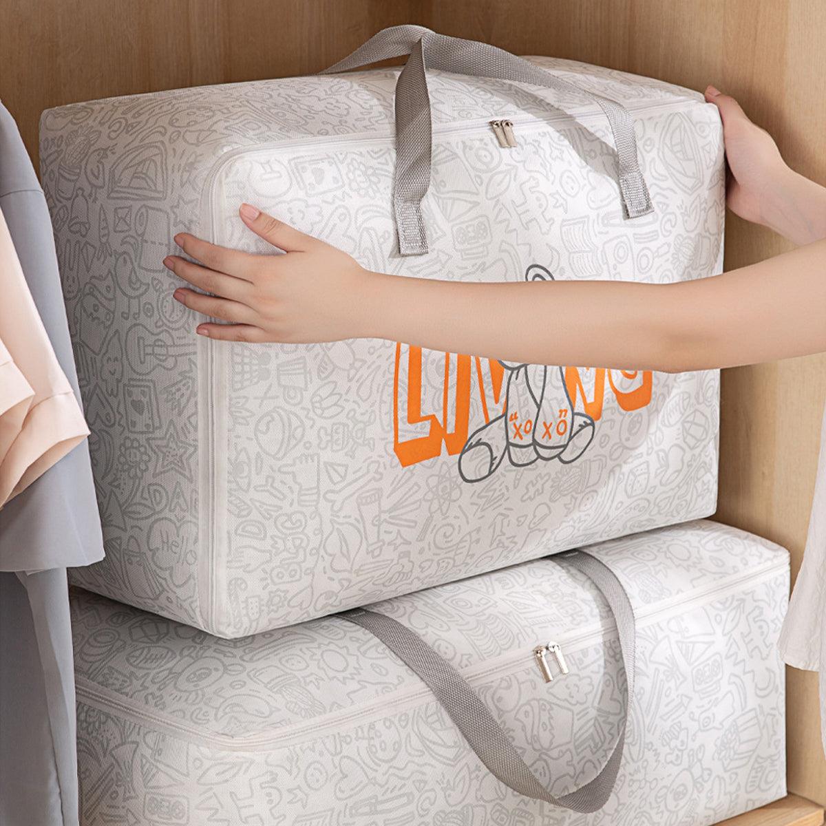 2pcs Cartoon Bear Luggage Organizer Storage Bags Blanket Quilt Closet Box Set - White-M 4