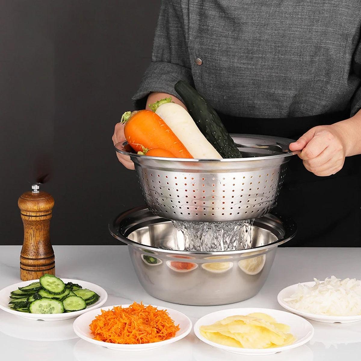 Multifunctional 201 Stainless Steel Basin 3 in 1 Colanders Basin Mixing Bowl Set 4