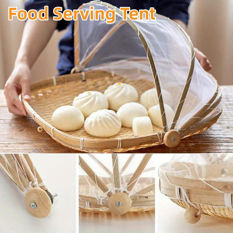 Bamboo Baskets Tray Anti Bug Food Fruit Storage Container with Mesh Cover