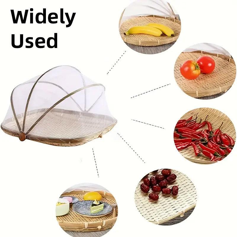 Bamboo Baskets Tray Anti Bug Food Fruit Storage Container with Mesh Cover 5