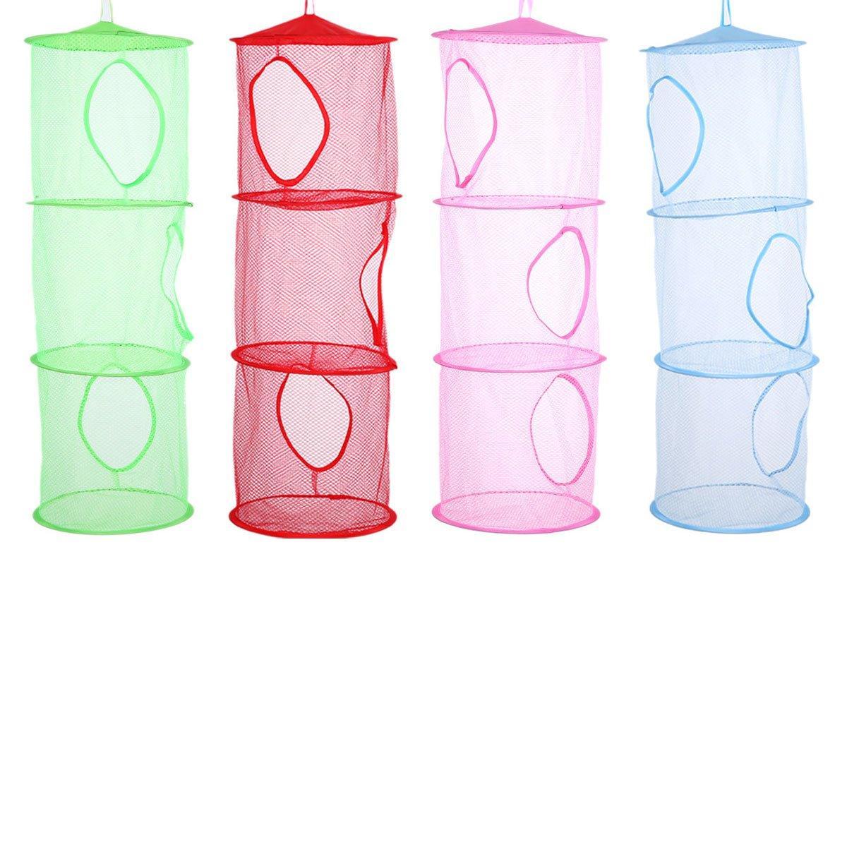 Foldable Clothes Drying Basket Three-layer Hanging Storage Breathable Organizer - Blue