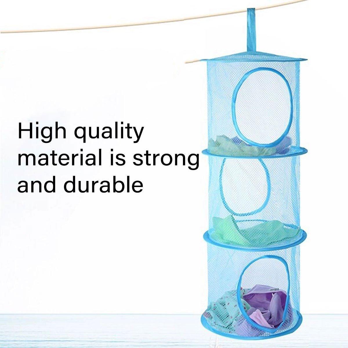 Foldable Clothes Drying Basket Three-layer Hanging Storage Breathable Organizer - Blue 5