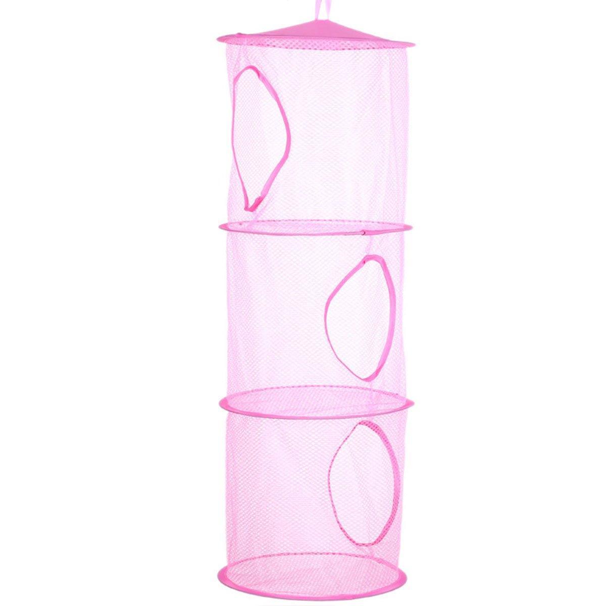 Foldable Clothes Drying Basket Three-layer Hanging Storage Breathable Organizer - Pink 7