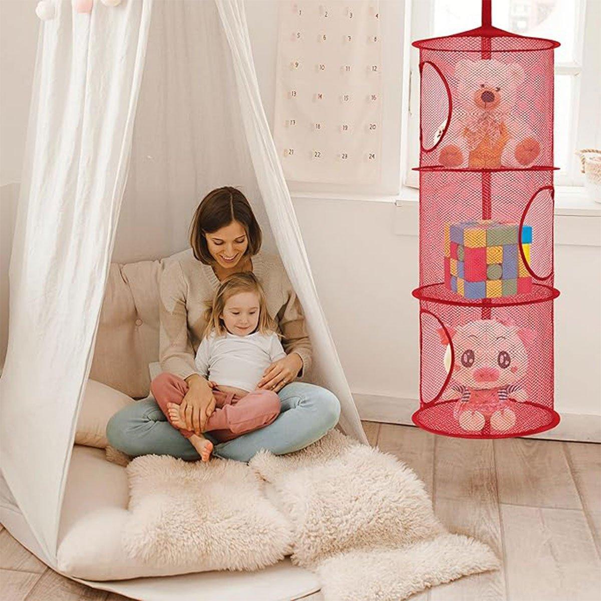 Foldable Clothes Drying Basket Three-layer Hanging Storage Breathable Organizer - Red 4