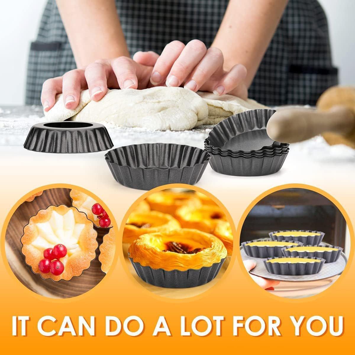 12PCS Mini Detachable Tart Mold Baking Cake Pan Nonstick Bottom Cupcake Molds - 4inch 5