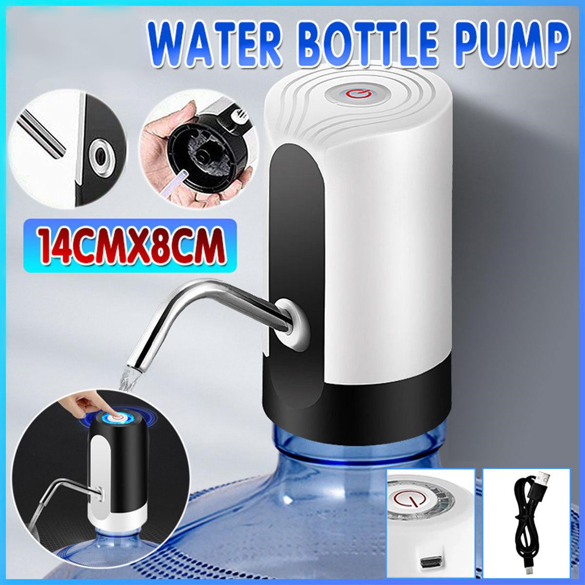 Electric Water Bottle Pump Dispenser Drinking Usb Button Black White Drinking - Black
