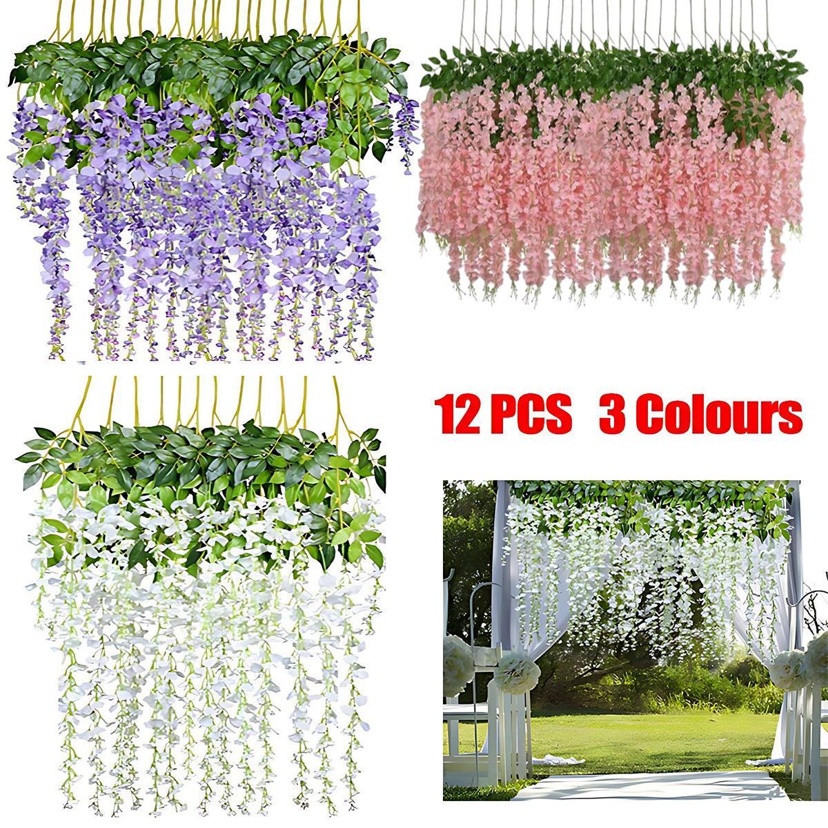 12X Artificial Silk Fake Flower Garland Vine Wisteria Leaf Hanging Wedding Decor - Purple