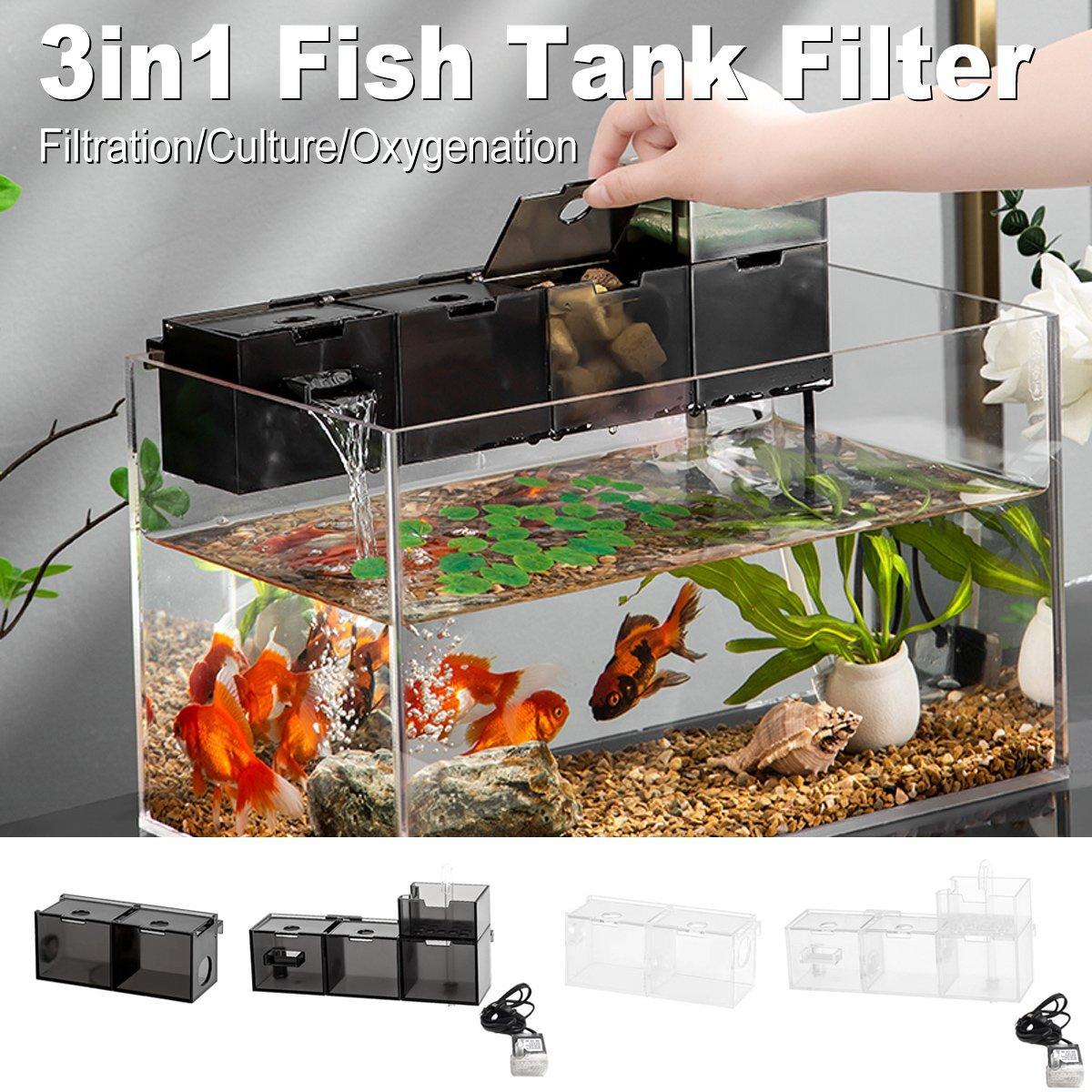 Fish Tank Filter Box 3in1 Oxygenating Wall Mount Built In Silent Water Purifier - White-2Grids