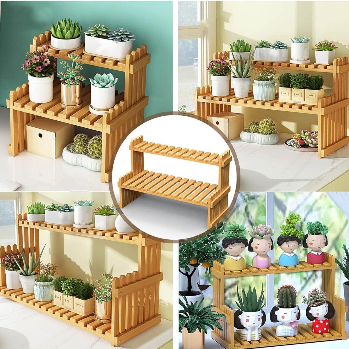 2 Tier Bamboo Plant Stand Flower Pot Rack Indoor Outdoor Patio Garden Shelf 4
