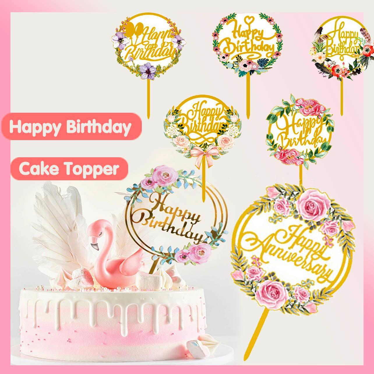 Happy Birthday Anniversary Wedding Cake Flowers Topper Acrylic Party Decorations - NO.15