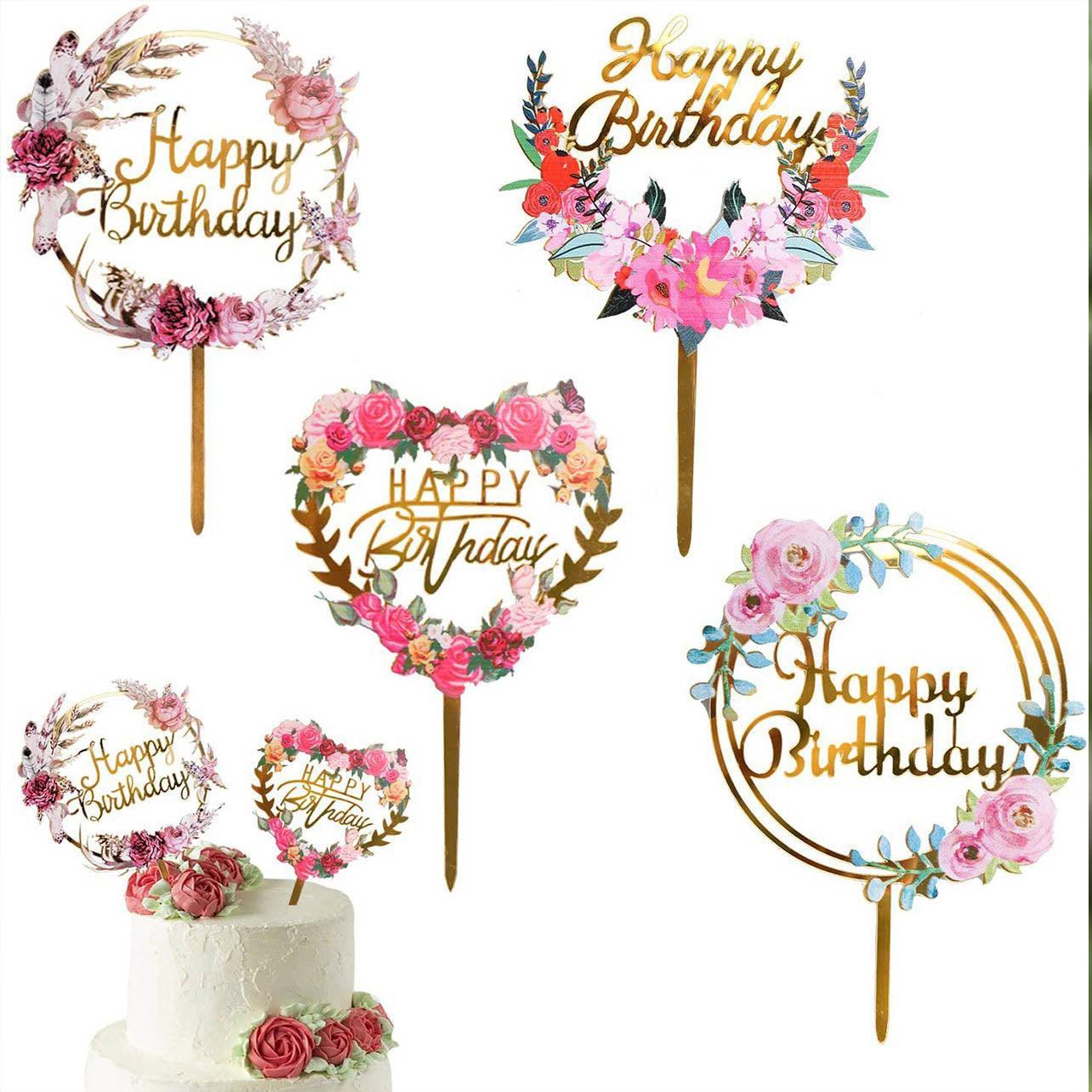Happy Birthday Anniversary Wedding Cake Flowers Topper Acrylic Party Decorations - NO.02 3