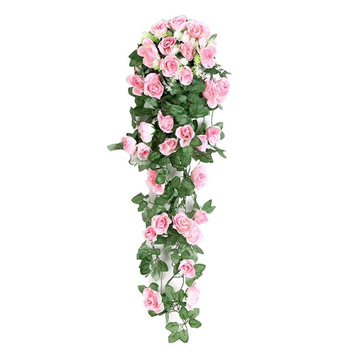 2PCS Artificial Rose Flower Garland Hanging Vine Home Wall Decor Fake Rattan - Rose Red 9