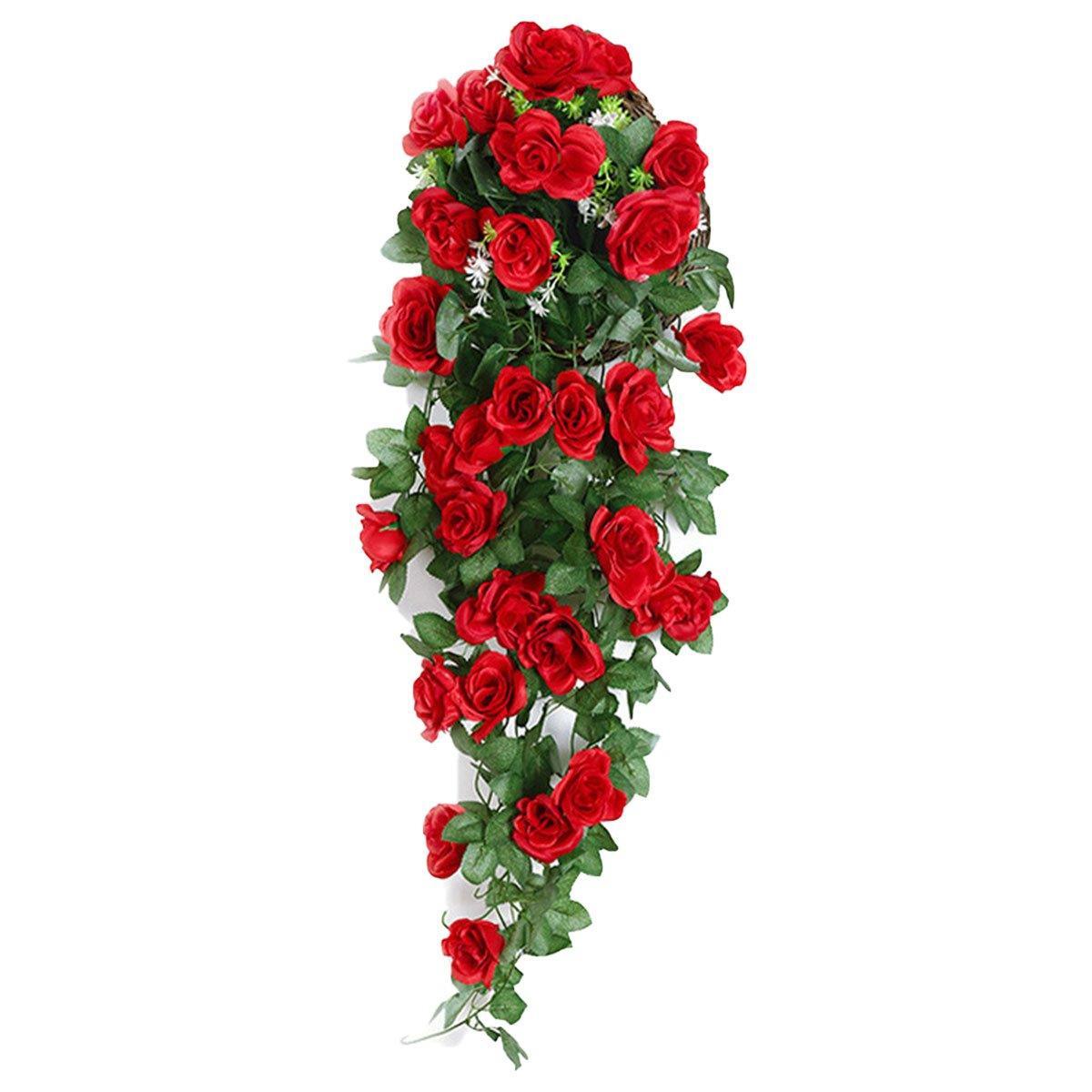 2PCS Artificial Rose Flower Garland Hanging Vine Home Wall Decor Fake Rattan - Rose Red 10