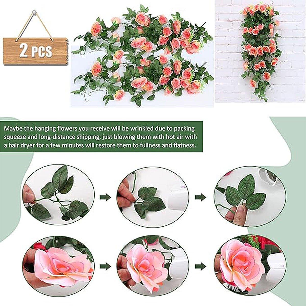 2PCS Artificial Rose Flower Garland Hanging Vine Home Wall Decor Fake Rattan - White 4