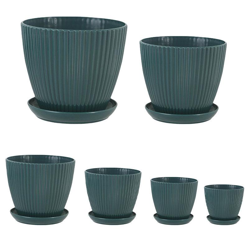 6PCS Simple Plastic Round Plant Pots Vertical Stripes Flower Pot Green Gardening - Green 6