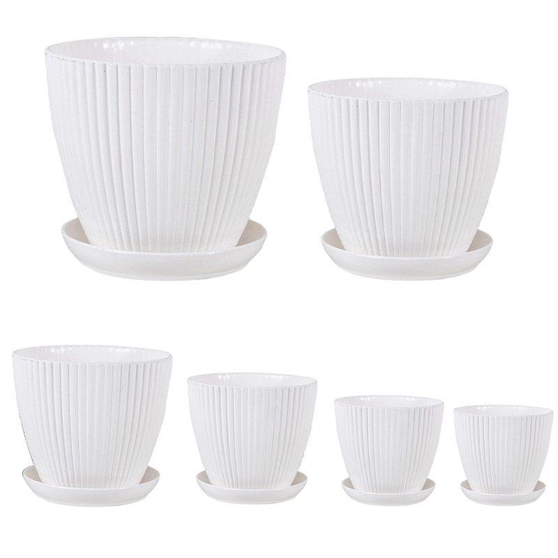 6PCS Simple Plastic Round Plant Pots Vertical Stripes Flower Pot Green Gardening - White 7