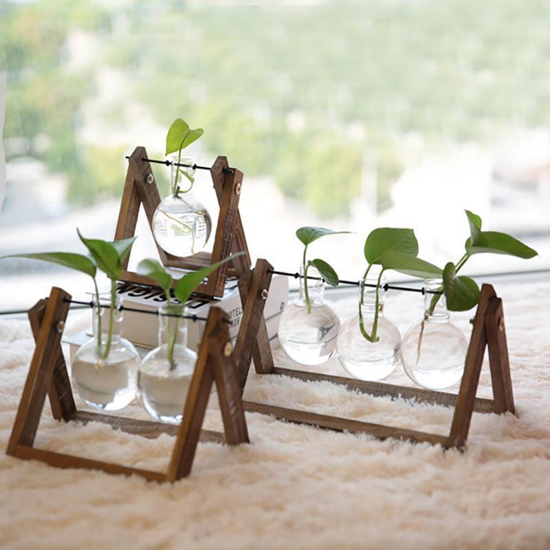 Wood Stand Glass Vase Terrarium Hydroponic Hanging Planter Home Decor - S With 1 Bottle 4