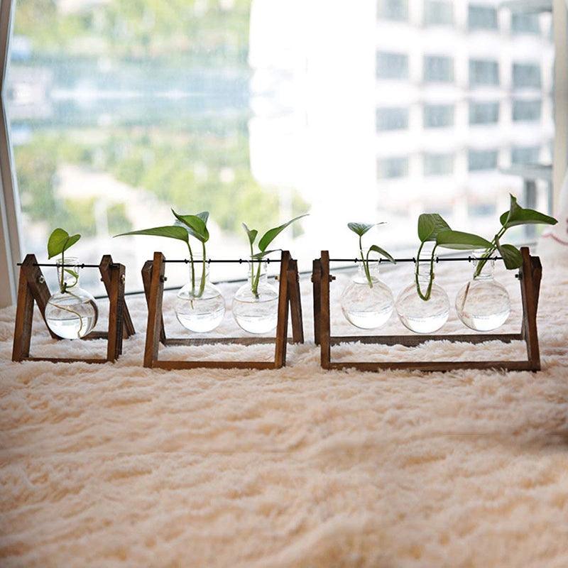 Wood Stand Glass Vase Terrarium Hydroponic Hanging Planter Home Decor - S With 1 Bottle 5