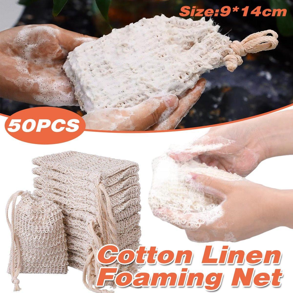 50PCS Soap Exfoliating Bags Cotton Linen Foaming Soap Saver Bag Pouch Drawstring