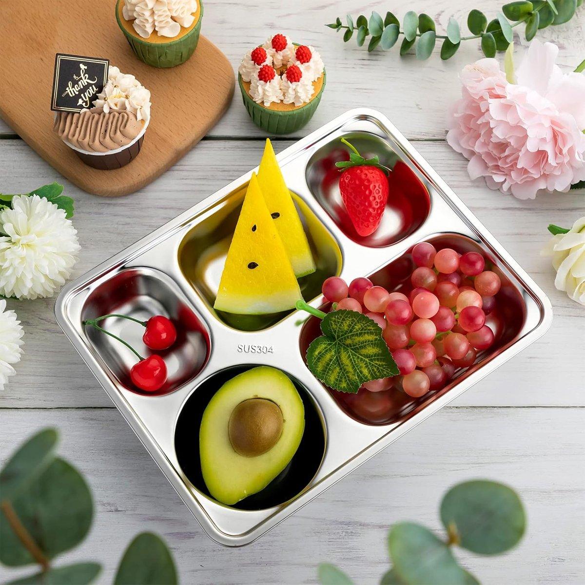 8pcs Stainless Steel Divided Dinner Plates Square Fast Food Plate for Students 5