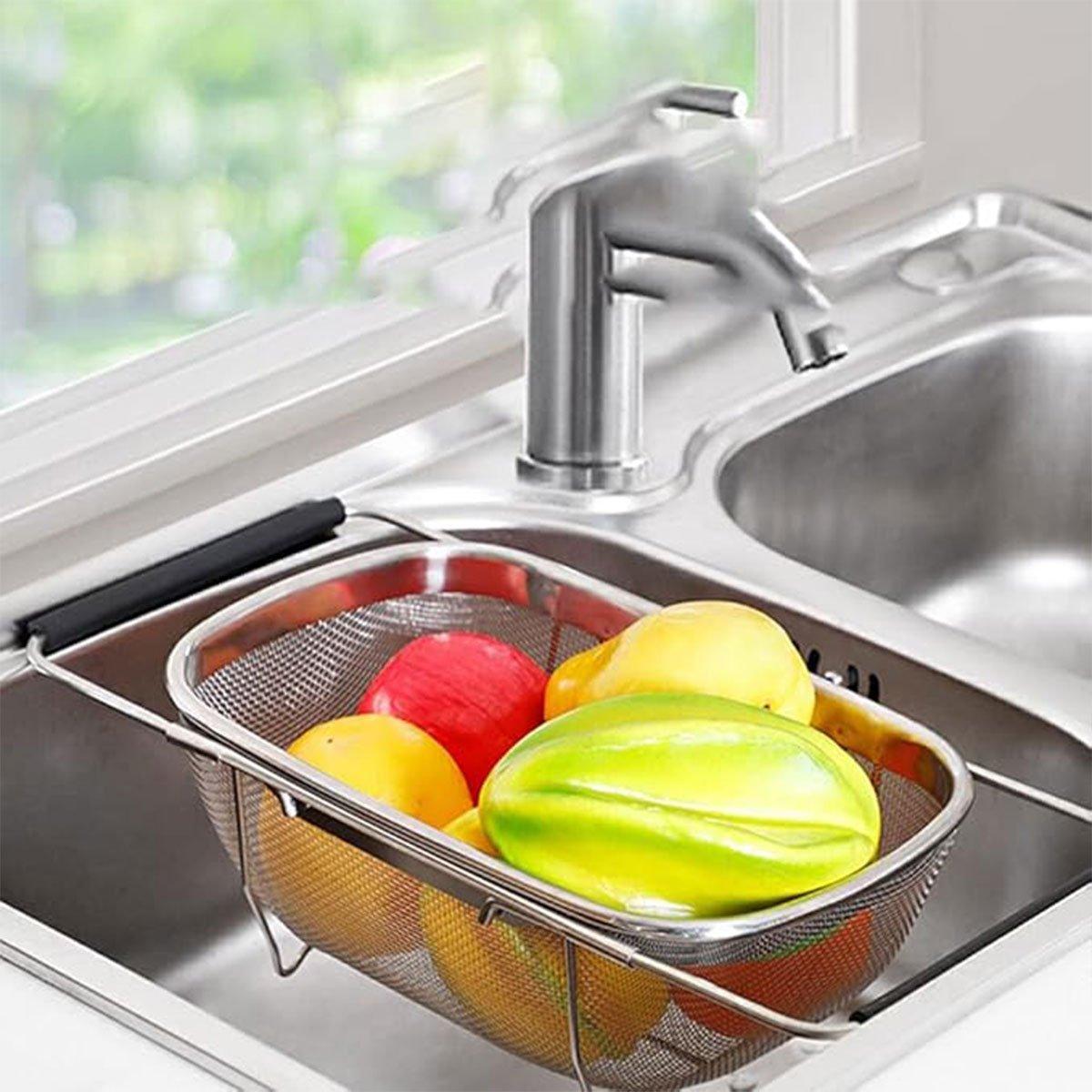 Stainless Steel Telescopic Sink Basket Multi Purpose Fruit Vegetable Strainer 4