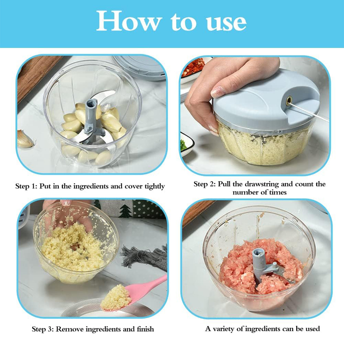 500ml Manual Meat Mincer Garlic Chopper Rotate Garlic Press Crusher Vegetabl - Blue 5