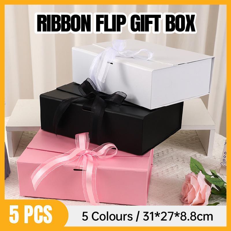 Elegant Ribbon Flip Folding Gift Boxes Multiple Colors High-Quality Cardboard - Pink