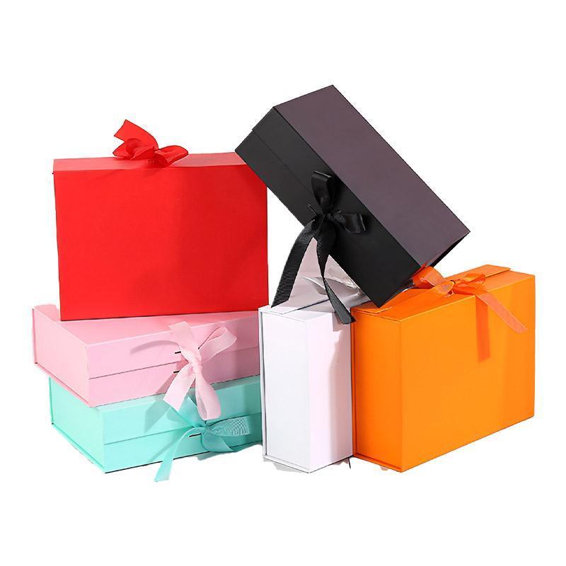 Elegant Ribbon Flip Folding Gift Boxes Multiple Colors High-Quality Cardboard - Pink