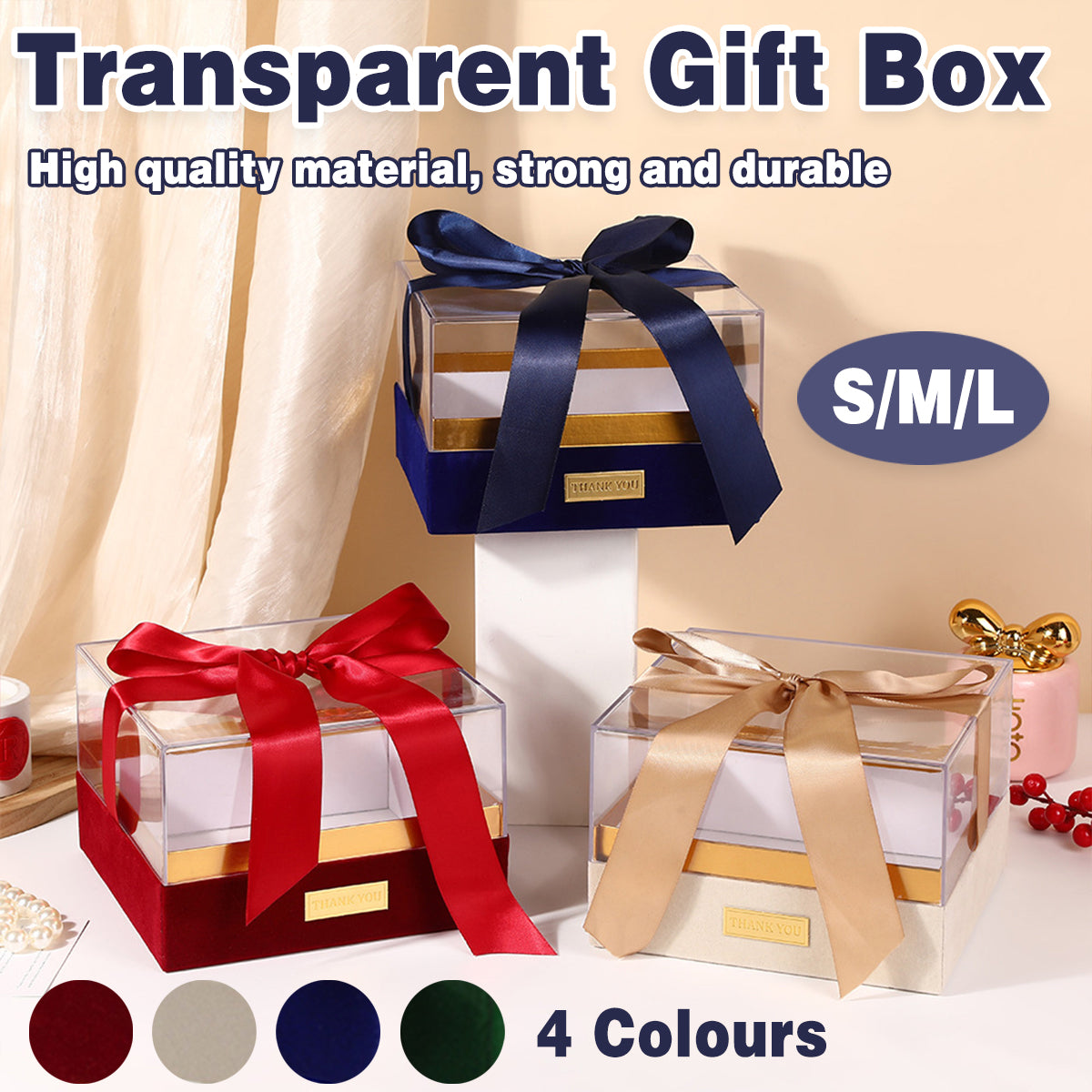 Acrylic Gift Box Clear Souvenir Display Case Bow Storage Container for Packaging - Champagne - L