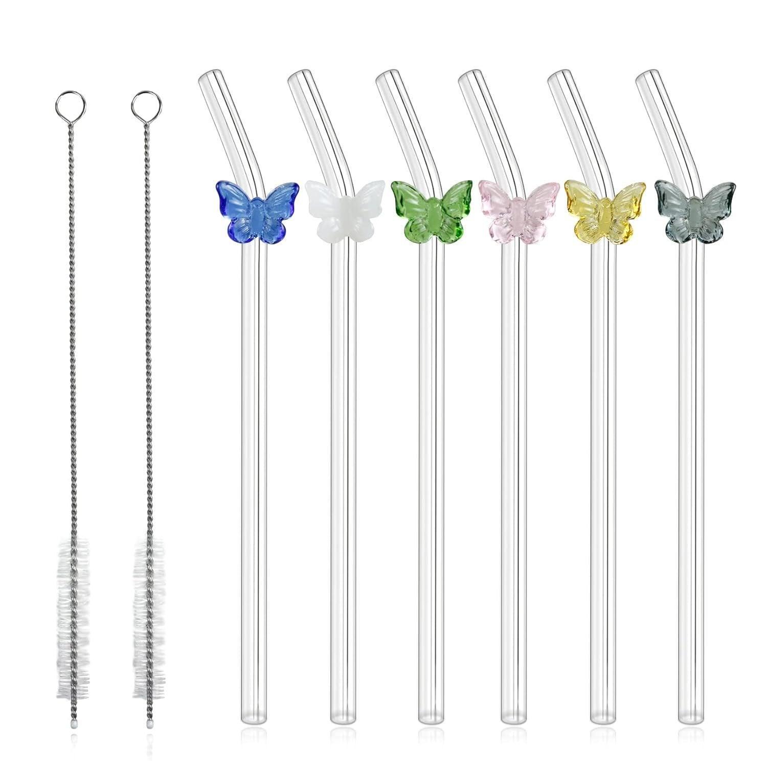 8pcs Colourful Butterfly Glass Straw Reusable Heat Resistant Proof MultiColours