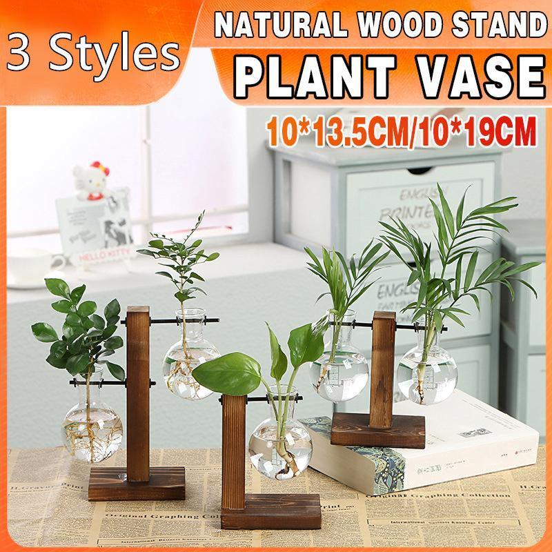 Wooden Stand Glass Flower Vase Hydroponic Hanging Plant Terrarium Container - B