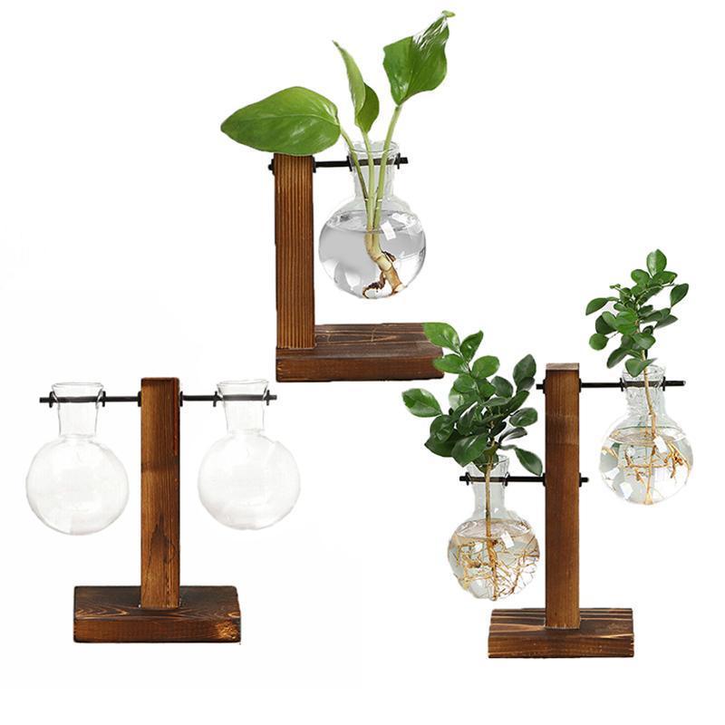Wooden Stand Glass Flower Vase Hydroponic Hanging Plant Terrarium Container - B