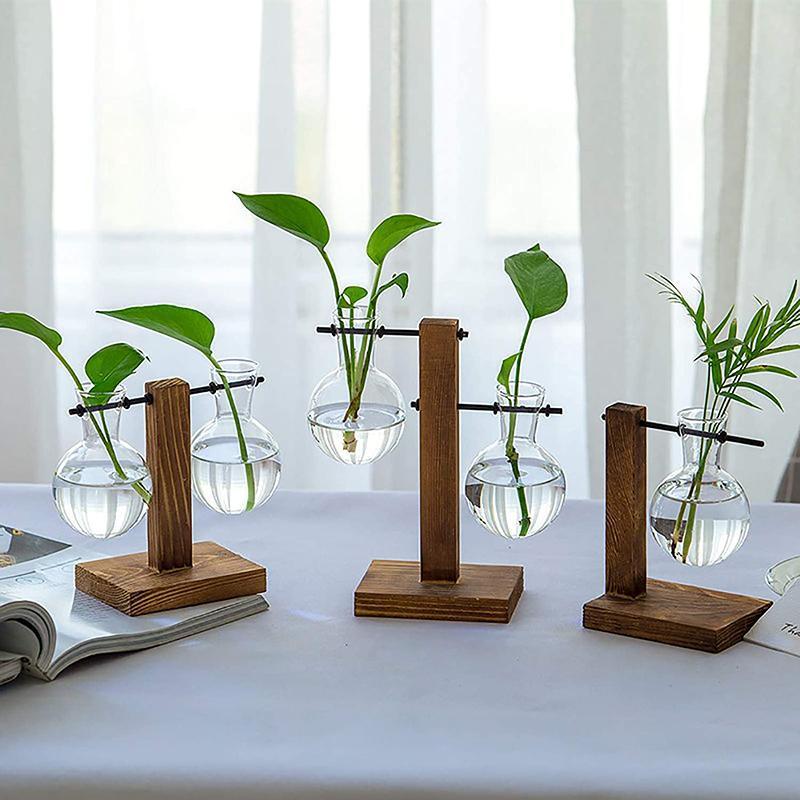 Wooden Stand Glass Flower Vase Hydroponic Hanging Plant Terrarium Container - B 3