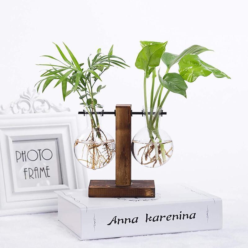 Wooden Stand Glass Flower Vase Hydroponic Hanging Plant Terrarium Container - B 4