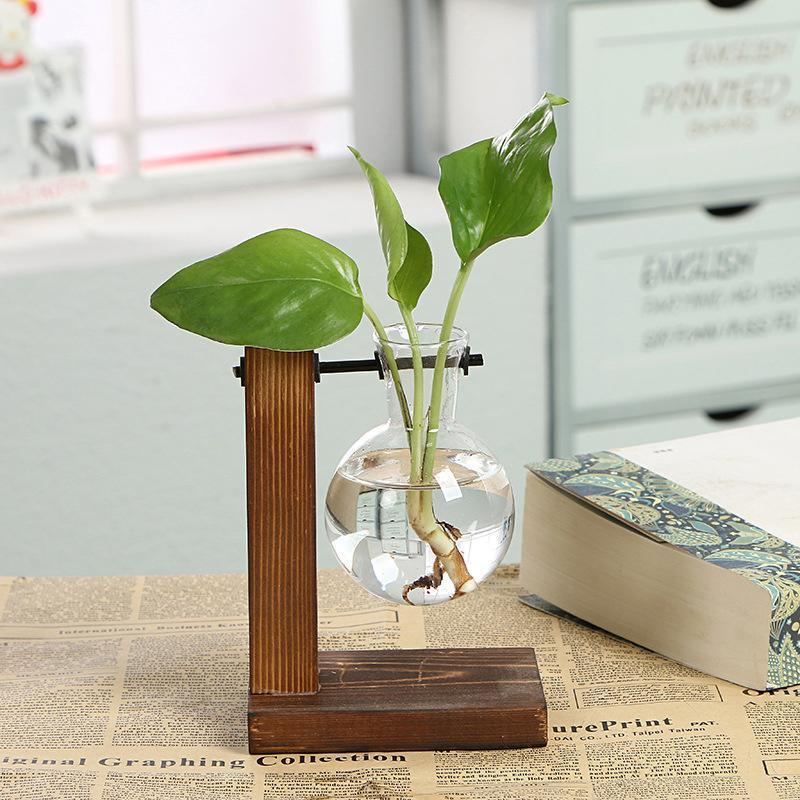 Wooden Stand Glass Flower Vase Hydroponic Hanging Plant Terrarium Container - B 5