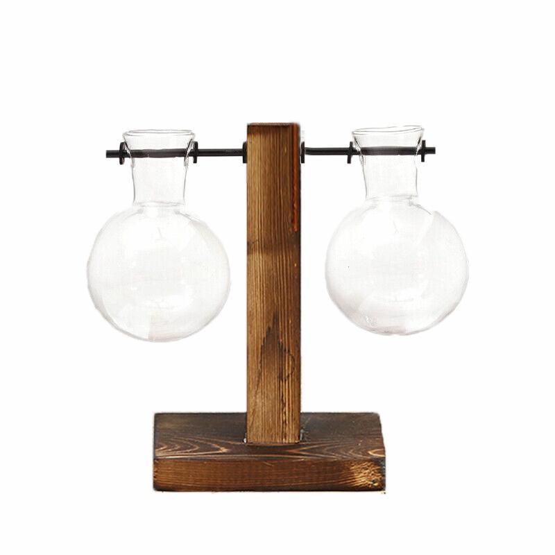 Wooden Stand Glass Flower Vase Hydroponic Hanging Plant Terrarium Container - B 7