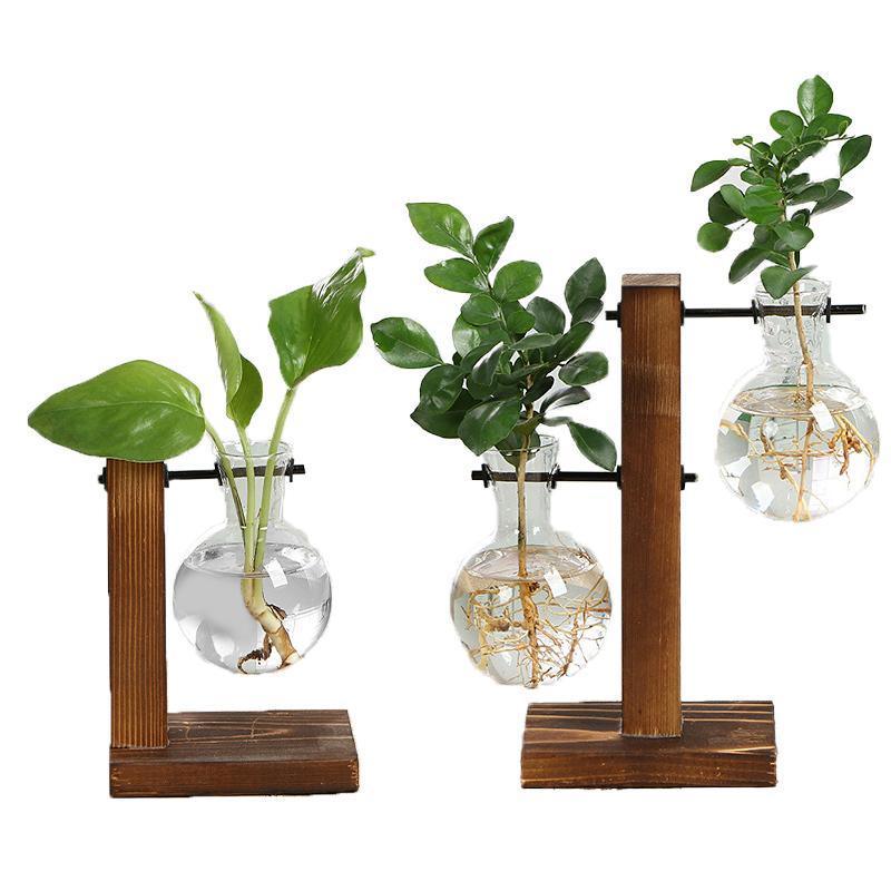 Wooden Stand Glass Flower Vase Hydroponic Hanging Plant Terrarium Container - B 9