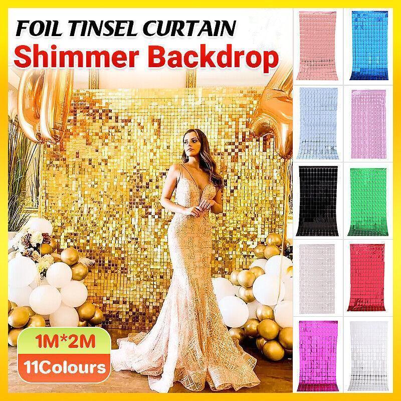 Rectangle Tinsel Curtain Shimmer Wall Backdrop 2M Length Party Decoration Sequin - Rose Red