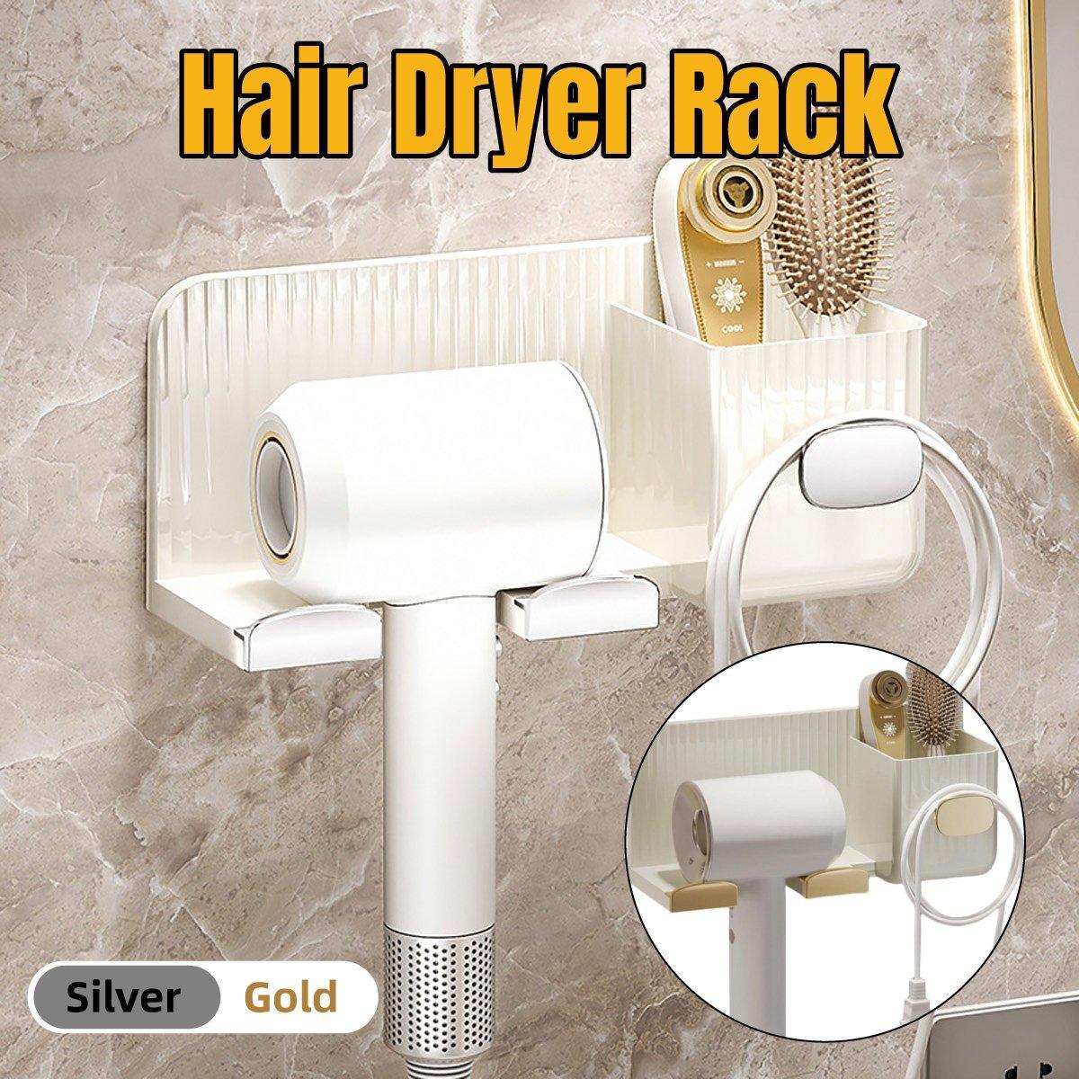 Hair Dryer Holder Rack Plastic Wall Mount No Drill Bathroom Organizer Storage - Silver