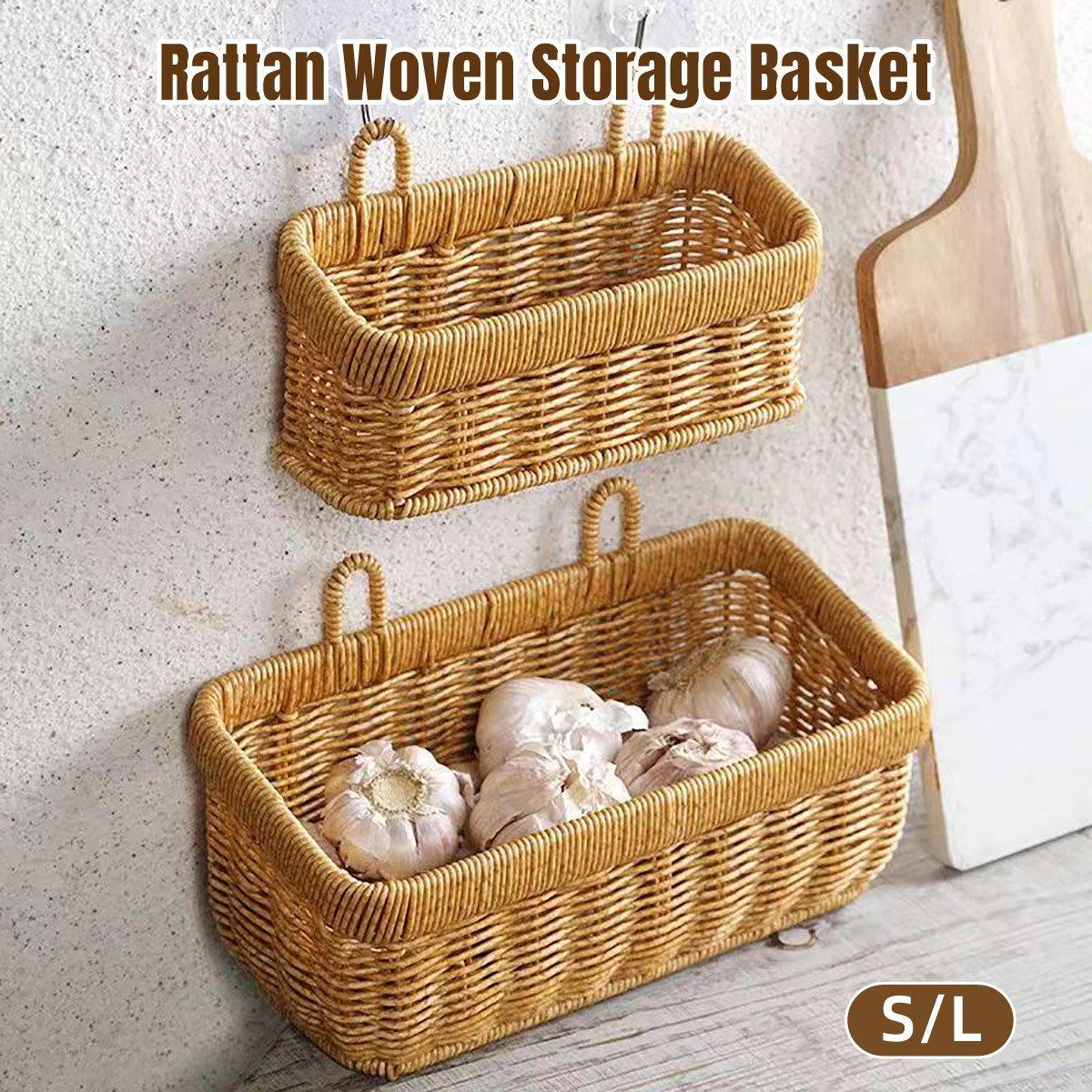 Wall-Mounted Rattan Style Hanging Storage Basket Kitchen Vegetable Fruit Basket - Large