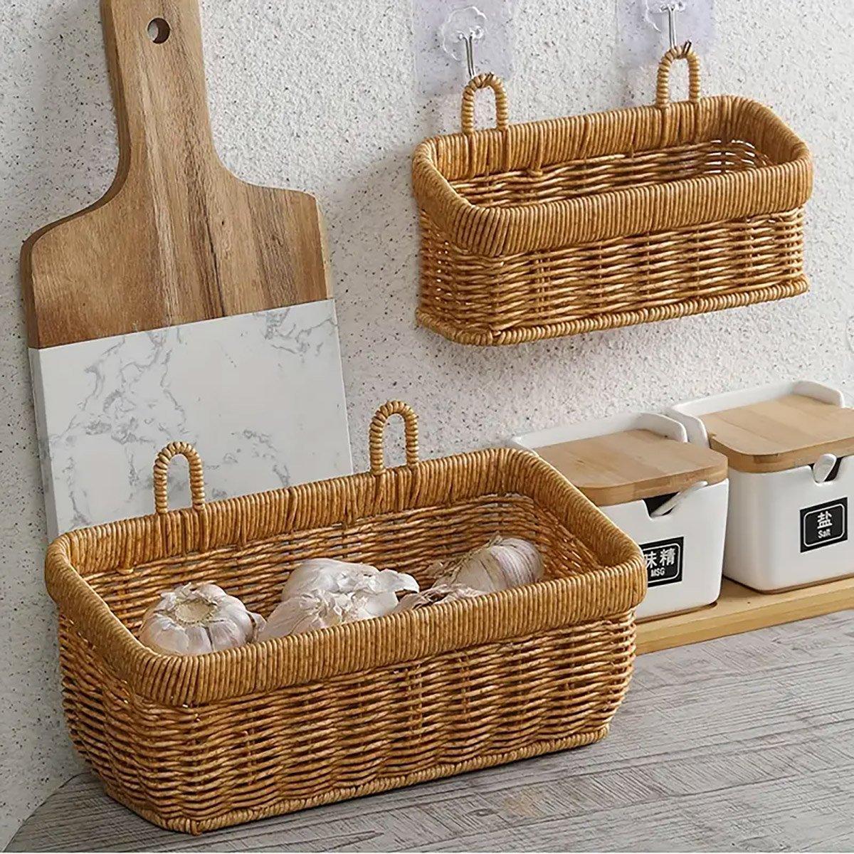 Wall-Mounted Rattan Style Hanging Storage Basket Kitchen Vegetable Fruit Basket - Large 4
