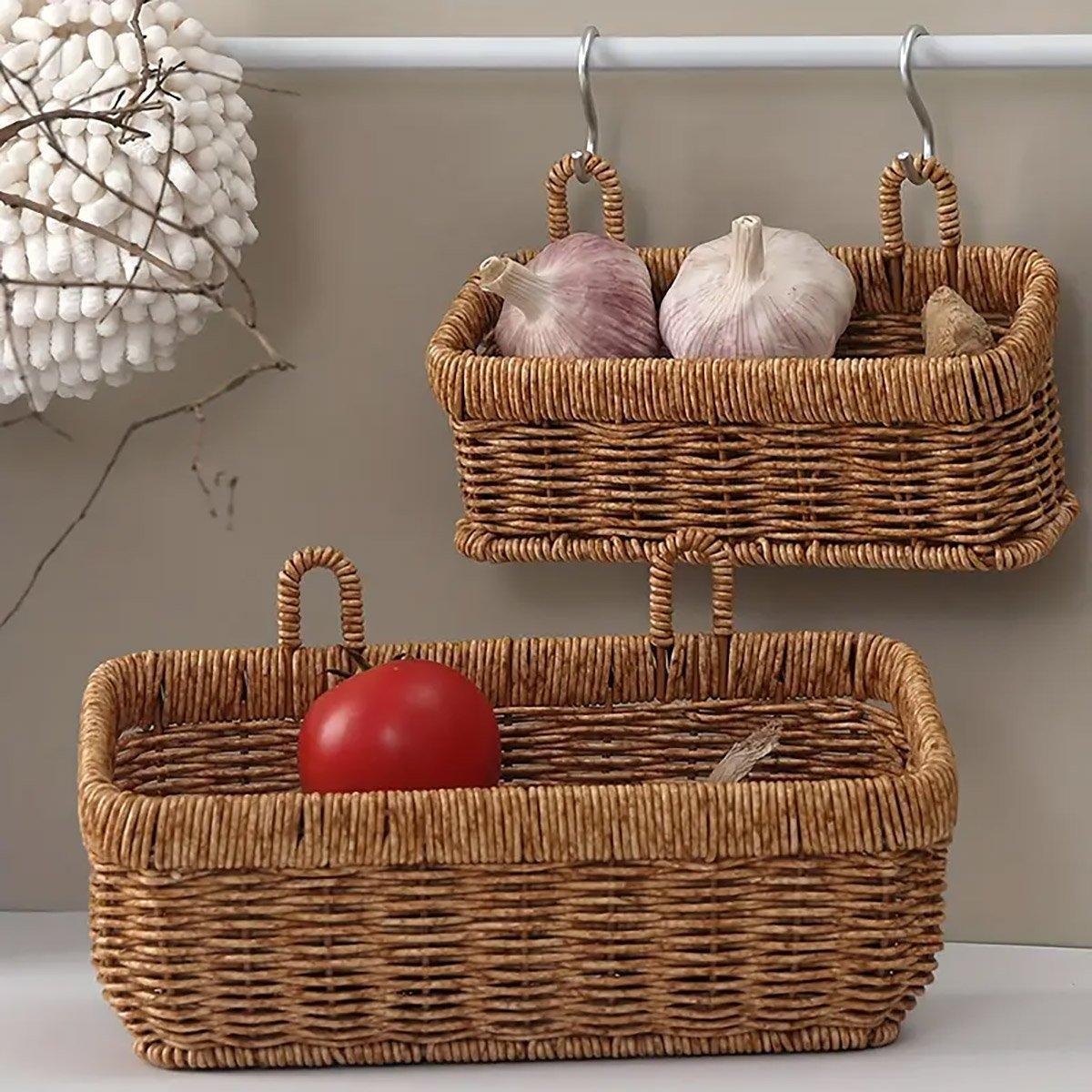 Wall-Mounted Rattan Style Hanging Storage Basket Kitchen Vegetable Fruit Basket - Small 5