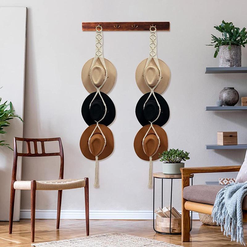 Boho Hand-Woven Macrame Hat Display Rack Hanging Cap Holder 1-3 Hat Rope hanger - E(2Hat Rope hanger) 4