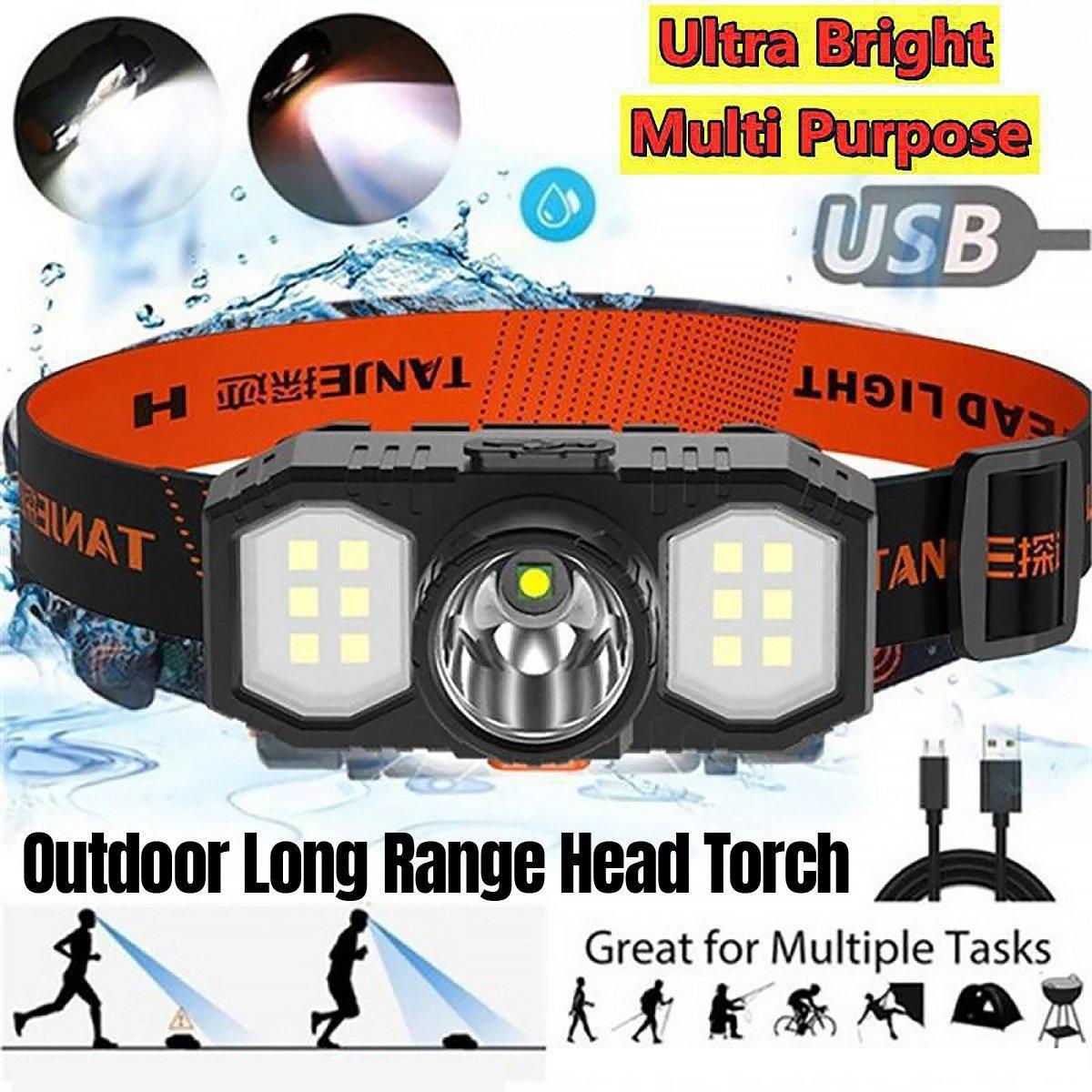 Super Bright Outdoor Head Headlight LED USB Rechargeable Headlamp Camping Fish - Orange