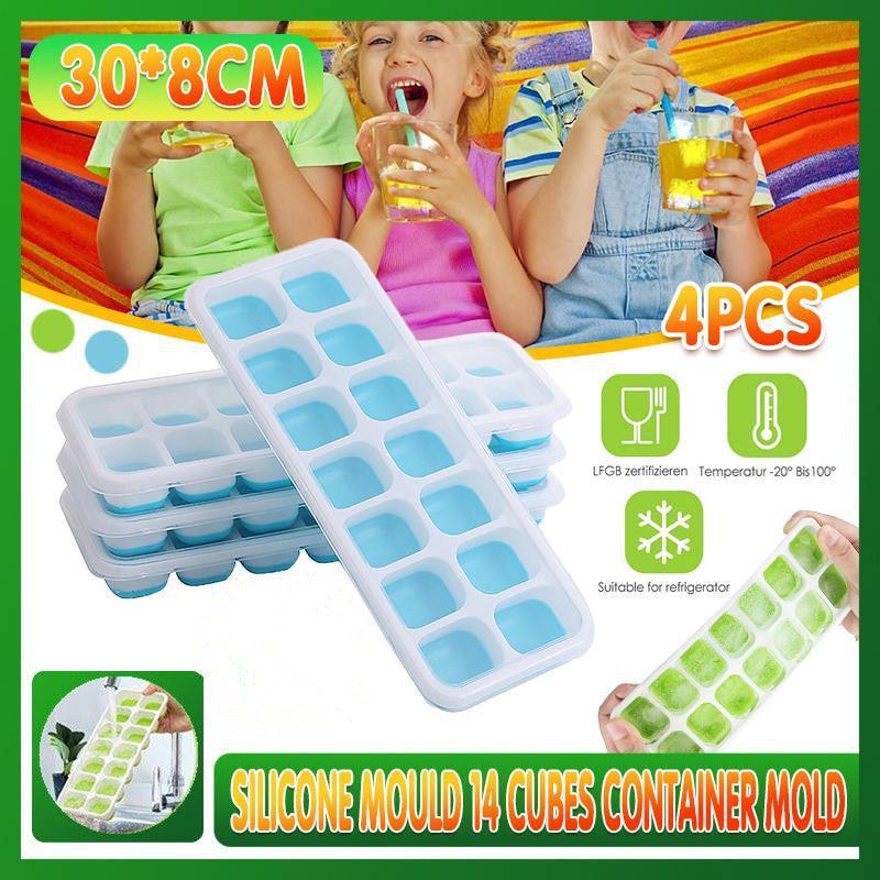 4Pcs Ice Cube Tray With Lid Easy Release Silicone Mould 14 Cubes Container Mold - Green